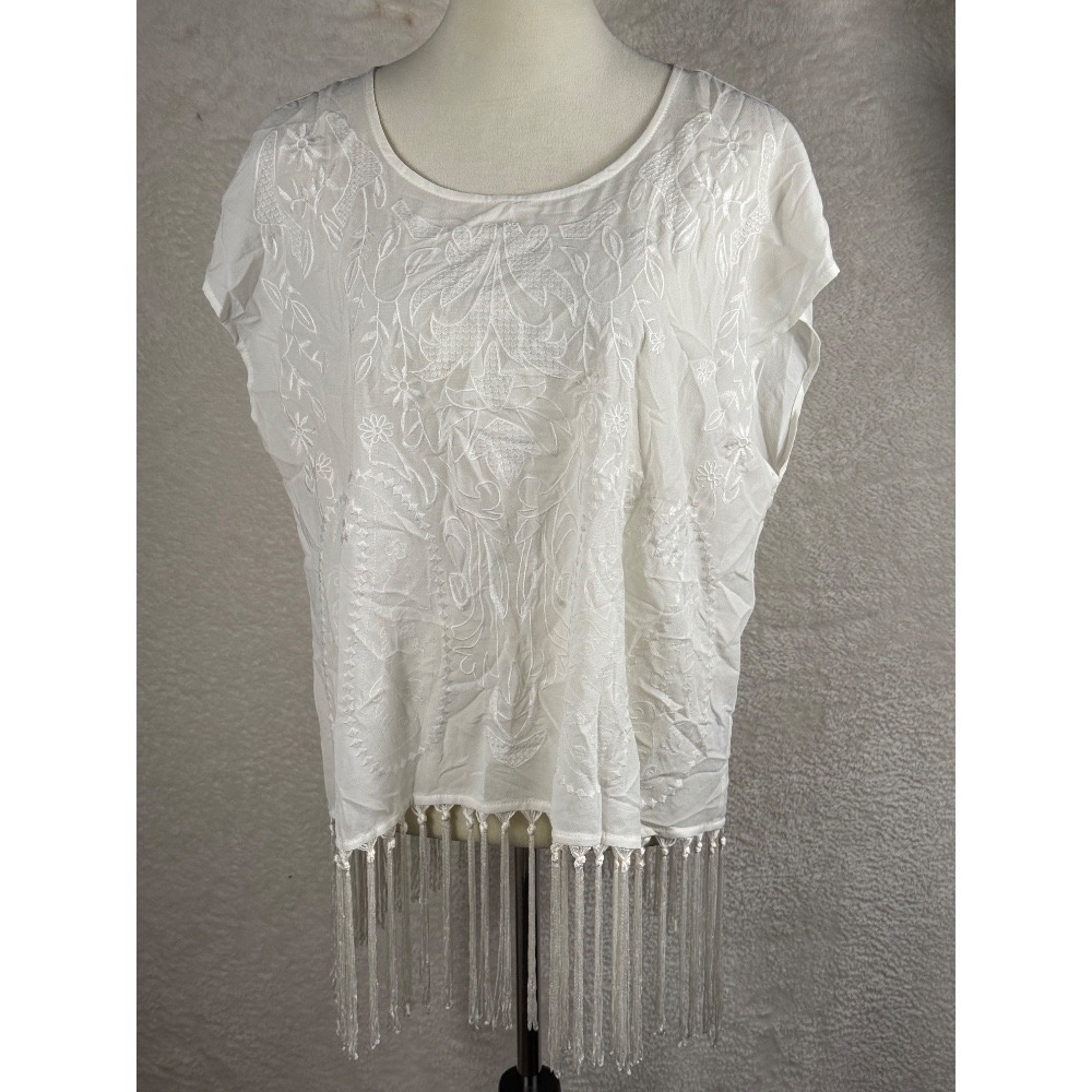 Women Embroidered Fringe Top Bohemian Festival Beach White Blouse L
